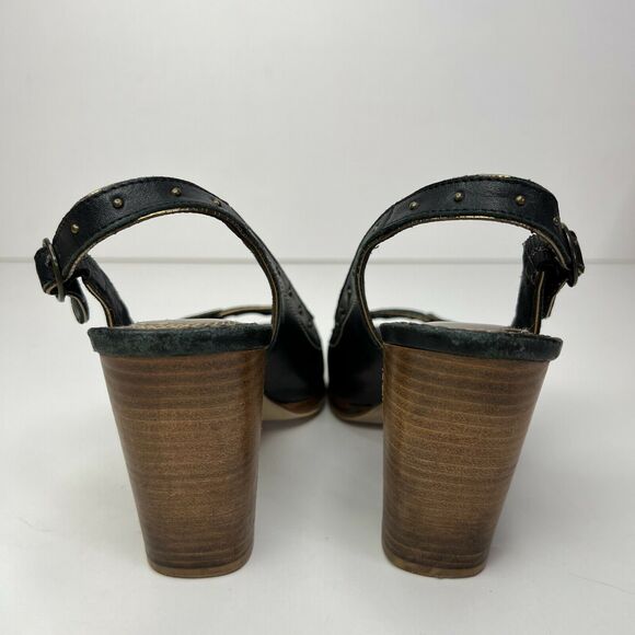 Seychelles Size 7 Singback Open Toe Black Leather Wood Block Heel Studded - Picture 5 of 11